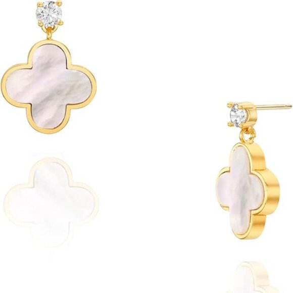 Jewelry - Women's 14K Gold White Onyx Acrylic Leaf Clover Luxury Dainty Stud Earrings